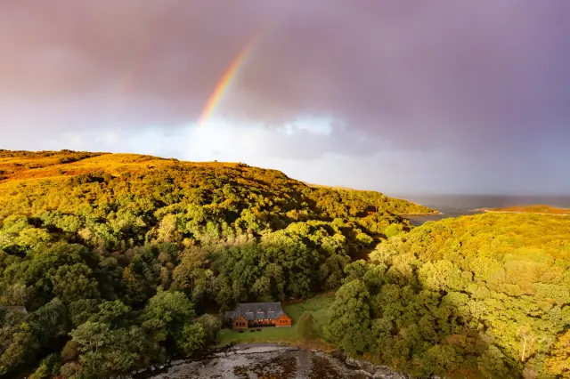 Aerial of a rainbow over a forested coastline at golden hour, a house nestled in the trees